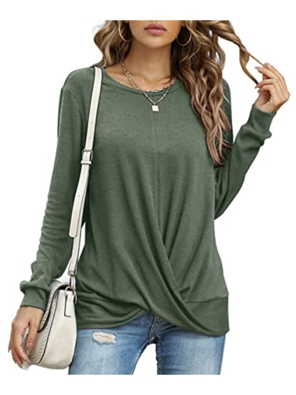 Womens Long Sleeve Tunic Top Crew Neck Twist Knot Blouse Loose Fit Casual